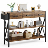 47" Console Table with 3 Drawers and 3 Tier Storage Shelves - Rustic Brown