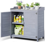 Outdoor Storage Cabinet & Potting Bench Table with Metal Top, Wooden Patio Furniture, Garden Workstation - Gray