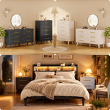 7-Piece King Bedroom Set with Platform Bed Frame, 2 Nightstands, 2 Tall Chests and 2 Double Dressers with Gold Handles, Mixed Black and White Mid-Century Modern Bedroom Furniture Set