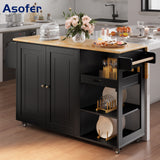 Asofer Kitchen Island Cart with Drop Leaf, 60.6" W Rolling Serving Cart with 6 Shelves, 2 Doors, Black