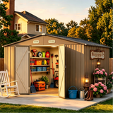 Outdoor Storage Shed 10×10 FT with Lockable Doors, Waterproof | Galvanized Steel Garden Shed for Outdoors | Light Brown