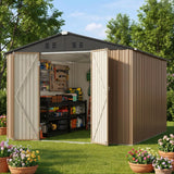 8x12 FT Galvanized Steel Outdoor Storage Shed, Waterproof Rust Resistant Tool Garden Shed with Lockable Doors, Light Brown