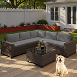 6-Piece Outdoor Patio Furniture Set with Rattan Sofa and Tempered Glass Table for Garden, Porch & Backyard, Gray