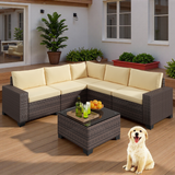 6-Piece Outdoor Patio Furniture Set with Rattan Sofa and Tempered Glass Table for Garden, Porch & Backyard,Beige