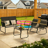 Lofka 4-Piece Outdoor Patio Furniture Set, Rocking Chairs & Loveseat Conversation Set with Tempered Glass Coffee Table, All Weather Textilene for Patio Porch, Black