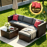 Patio Furniture Set - Lofka 5-Piece All Weather Wicker Patio Conversation Set with Removable Washable Cushions, Tempered Glass Table, 2 Pillows, Gray