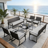 Lofka 8-Piece Patio Furniture Set, All-Weather Wicker Conversation Set with 2 Loveseats, 4 Rocking Chairs, 2 Glass Coffee Tables, Outdoor Furniture for Backyard, Balcony, Deck, Porch, Gray Cushions
