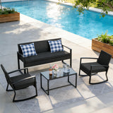 Patio Furniture Set 4 Pieces , Lofka Outdoor Rattan Conversation Set with Glass Coffee Table for Balcony, Garden, Backyard, Porch (Black Cushion)
