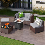 6-Piece Outdoor Patio Furniture Set with 30'' Fire Table, Lofka All-Weather Wicker Conversation Set | Glass Top Coffee Table & Thick Gray Cushion
