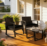Lofka 3 Piece Patio Furniture Set, All Weather Wicker Outdoor Rocking Chair Set with Thick Soft Cushions and Tempered Glass Coffee Table, Outdoor Seating Set for Backyard Balcony Porch Garden, Black