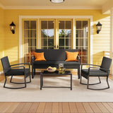 Outdoor Furniture Set for 4, Patio Conversation Set with Patio Rocking Chairs, Rattan Loveseat, Bistro Coffee Table, Removable Cushions for Backyard, Black
