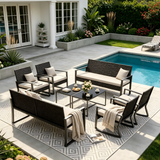 Lofka 8-Piece Patio Furniture Set, All-Weather Wicker Conversation Set with 2 Loveseats, 4 Rocking Chairs, 2 Glass Coffee Tables, Outdoor Furniture for Backyard, Balcony, Deck, Porch, Gray Cushions