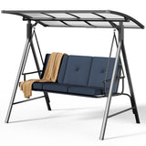Lofka 3-Seat Outdoor Porch Swing with Adjustable Polycarbonate Canopy, 2-in-1 Convertible Swing Bed with Thick Cushions, Heavy-Duty Steel Frame for Backyard & Garden (Navy Blue)