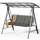 Lofka 3-Seat Outdoor Porch Swing with Adjustable Polycarbonate Canopy, 2-in-1 Convertible Swing Bed with Thick Cushions, Heavy-Duty Steel Frame for Backyard & Garden (Dark Gray)