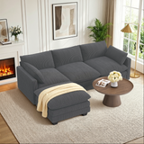 Asofer 110" Sectional Sofa with Ottoman, 3-Seater Convertible Corduroy Cloud Couch With Pillows for Small Space, Living Room Furniture, Dark gray