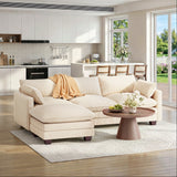 Asofer 110" Oversized Corduroy Sectional Sofa, 3‑Seater Cloud Modular Couch with Ottoman & Throw Pillows for Small Space & Apartment, Beige