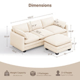 Asofer 110" Oversized Corduroy Sectional Sofa, 3‑Seater Cloud Modular Couch with Ottoman & Throw Pillows for Small Space & Apartment, Beige