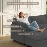 Asofer 110" Sectional Sofa with Ottoman, 3-Seater Convertible Corduroy Cloud Couch With Pillows for Small Space, Living Room Furniture, Dark gray
