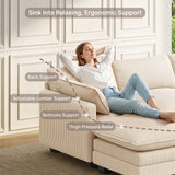 Asofer 110" Oversized Corduroy Sectional Sofa, 3‑Seater Cloud Modular Couch with Ottoman & Throw Pillows for Small Space & Apartment, Beige