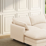Asofer 110" Oversized Corduroy Sectional Sofa, 3‑Seater Cloud Modular Couch with Ottoman & Throw Pillows for Small Space & Apartment, Beige