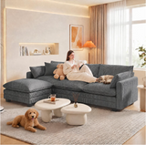 Asofer 110" Sectional Sofa with Ottoman, 3-Seater Convertible Corduroy Cloud Couch With Pillows for Small Space, Living Room Furniture, Dark gray