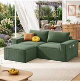 80" Loveseat Sectional Sofa, Asofer L-Shaped Corduroy Upholstered Couch With Ottoman for Living Room, No Assembly Boneless Sofa, Green