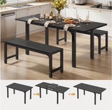 Asofer 63” Kitchen Table Sets with 2 Benches for Small Spaces, Extendable Dining Table Set for 4, Black