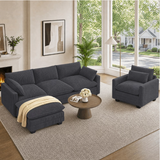 Asofer Modular Sectional Sofa Set with Ottoman, Modern Corduroy Cloud Couch for Living Room, Large Sofa with Deep Seats & Washable Cover, Dark Gray