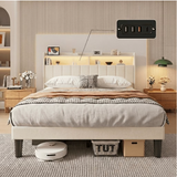Asofer Queen Bed Frame With RGB LED Smart RGB LED Lights & Charging Station, No Box Spring & Wood Slats, Gray