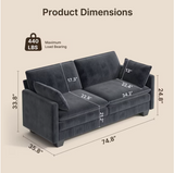 Asofer 75" Comfy Upholstered Sofa Couch, 2 Seater Couch for Living Room, Loveseat with Extra Deep Seats, 2 Pillows, Dark Gray