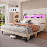 Asofer Queen Bed Frame with,Modern Upholstered Platform Bed with USB Charging Ports Headboard,No Box Spring Needed,Beige
