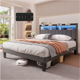 Asofer Queen Bed Frame with,Modern Upholstered Platform Bed with USB Charging Ports Headboard,No Box Spring Needed, Dark Gray