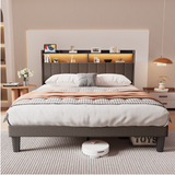 Asofer Queen Bed Frame with,Modern Upholstered Platform Bed with USB Charging Ports Headboard,No Box Spring Needed, Dark Gray