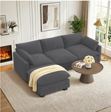 Asofer 110" Sectional Sofa with Ottoman, 3-Seater Convertible Corduroy Cloud Couch With Pillows for Small Space, Living Room Furniture, Dark gray