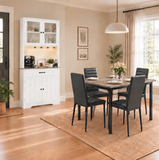 Asofer Dining Table Set with LED Light Pantry Cabinet, Kitchen Storage Hutch Buffet Cabinet with 4 Chairs for Small Spaces, Black