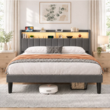Asofer Queen Upholstered Platform Bed Frame with LED Headboard, Charging Station, No Box Spring Needed, Dark gray