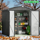 8x6 FT Garden Shed - Outdoor Storage with Double Lockable Doors, Weatherproof Backyard Patio Lawn Gray