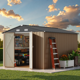 10'x10' Outdoor Storage Shed, Lofka Large Metel Garden Shed with Double Lockable Door for Backyard|Patio,Brown