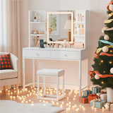 Vanity, Lofka 56" White Vanity Desk Set with Mirror and PU Leather Stool for Bedroom, 3 Modes Brightness and Color Temperature