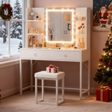 Vanity, White Lighted Vanity with Stool and Mirror, Makeup Vanity with Adjustable Lighting, 2 Storage Drawers, 6 Storage Shelves for Girls Perfect Gift