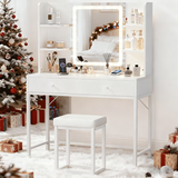 Vanity, Lofka 56" White Vanity Desk Set with Mirror and PU Leather Stool for Bedroom, 3 Modes Brightness and Color Temperature