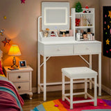 Lofka Vanity Desk with Mirror, Makeup Vanity with Adjustable Lighting, 2 Drawers & 3 Shelves, Includes Cushioned Stool for Bedroom Dressing Room | White
