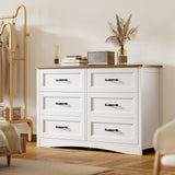 Lofka Dresser for Bedroom with 6 Drawers, Wooden Chest with Metal Handle for Living Room, White+Rustic Brown
