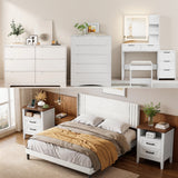 Asofer 6-Piece White Bedroom Set: King Bed Frame, LED Vanity, 2 Drawer Dressers and 2 Charging Nightstands
