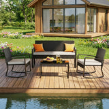 Patio Furniture Set, Lofka 4 Pieces Outdoor Conversation Set with Rattan Wicker Rocking Chairs, Removable Cushions & Glass Table, Gray