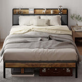 Queen Bed Frame with Storage Headboard, Metal Platform Bed, Dark Grey