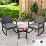 3-Piece Patio Chairs Set, Balcony Furniture Set with PE Rattan Rocking Chairs and a Glass Table, Gray Cushion