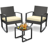3-Piece Porch Balcony Furniture Set, Lofka Patio Rocking Wicker Chairs Set with Small Glass Table for Conversation and Break Time, Yellow Cushion