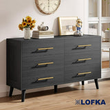 Dresser for Bedroom Clearance, Lofka 6 Double Drawers Dresser Gold Metal Handle, Black Double Dresser Storage Cabinet For Living Room