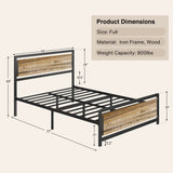 The Industrial Full Bed Frame With 11" Under Bed Storage Space and Wooden Headboard - Gray